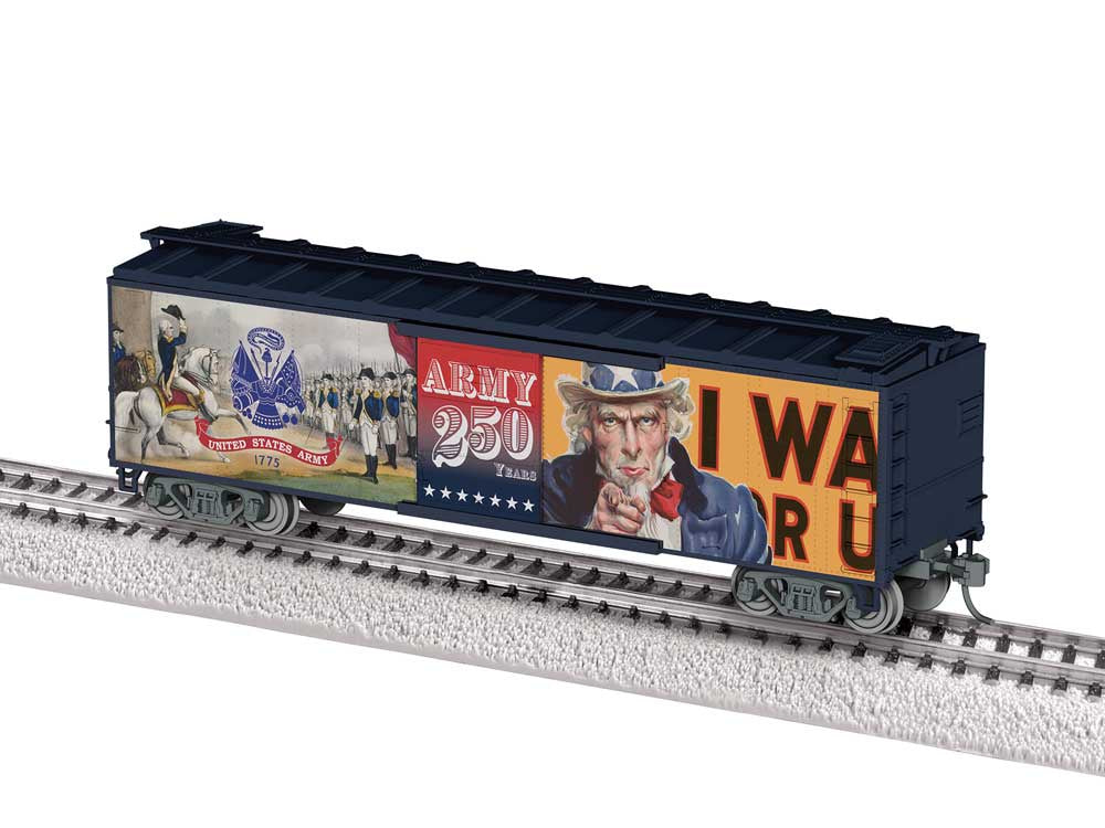 Lionel HO 40' Steel Flat-End Boxcar - Ready to Run -- US Army 250th Anniversary (black, white, gray)