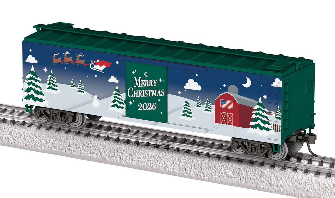 Lionel HO 40' Steel Flat-End Boxcar - Ready to Run -- Christmas 2026 (blue, green, white, Santa Scene)