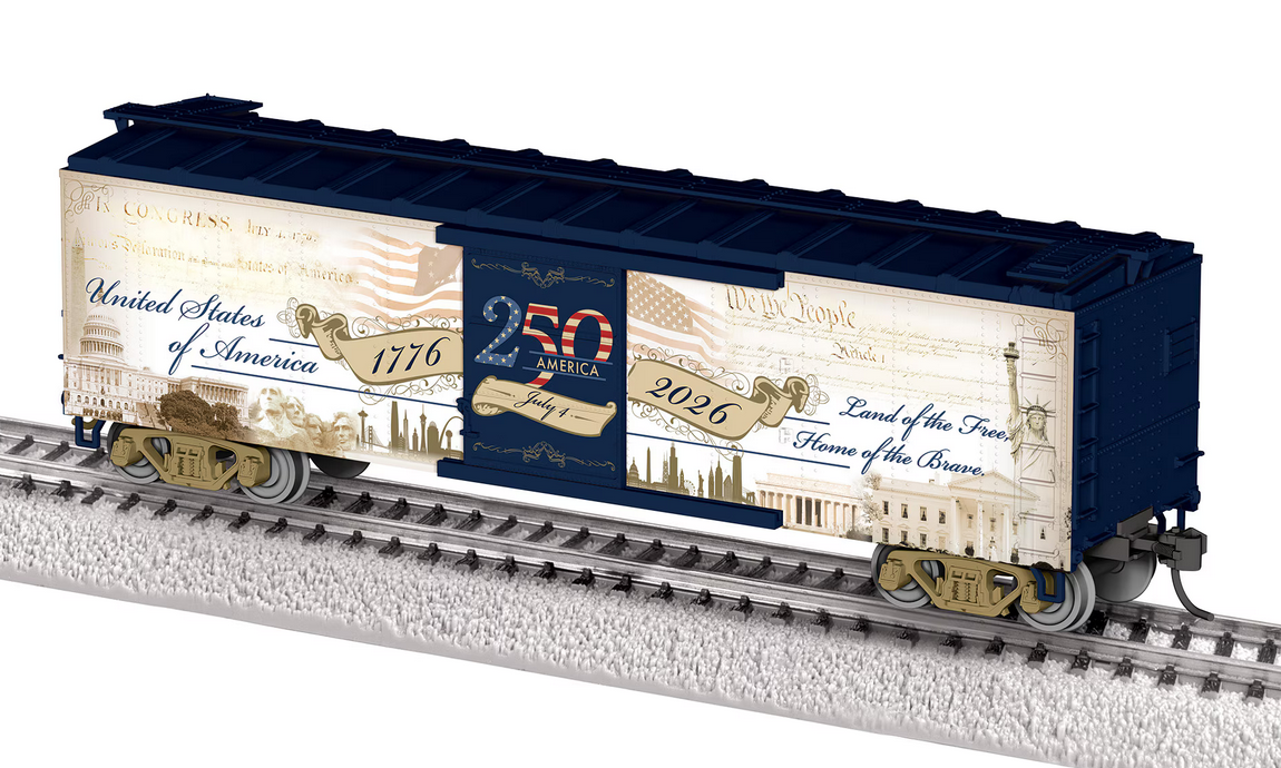 Lionel HO Steel Boxcar -  Ready to Run -- America 250 (white, blue, sepia graphics)