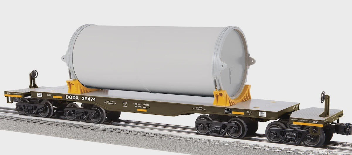 Lionel 2526200 8-Axle Heavy-Duty Flatcar w/Canister Load - 3-Rail - Ready to Run -- Department fo Defense DODX #39474 (black, gray, yellow)