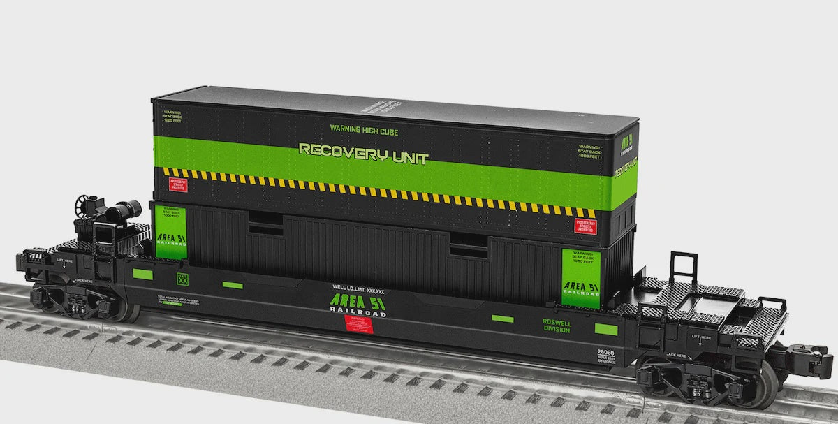 Lionel 2528060 Maxi Stack Well Car w/Container Load - 3-Rail - Ready to Run -- Area 51 #28060 (black, green)