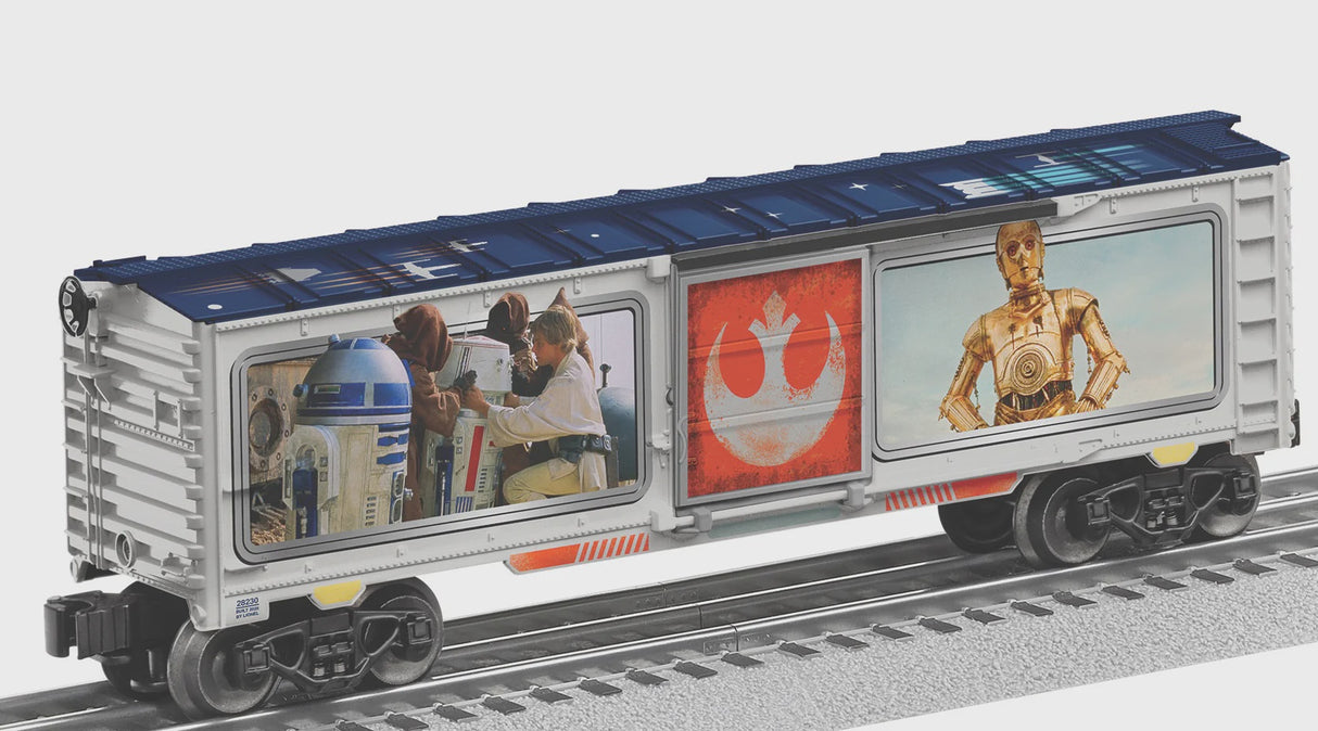 Lionel 2528230 Steel Boxcar - 3-Rail - Ready to Run -- Star Wars(TM) R2D2, C3PO, Princess Leia (silver, blue, Full Color; Rebel Logo)