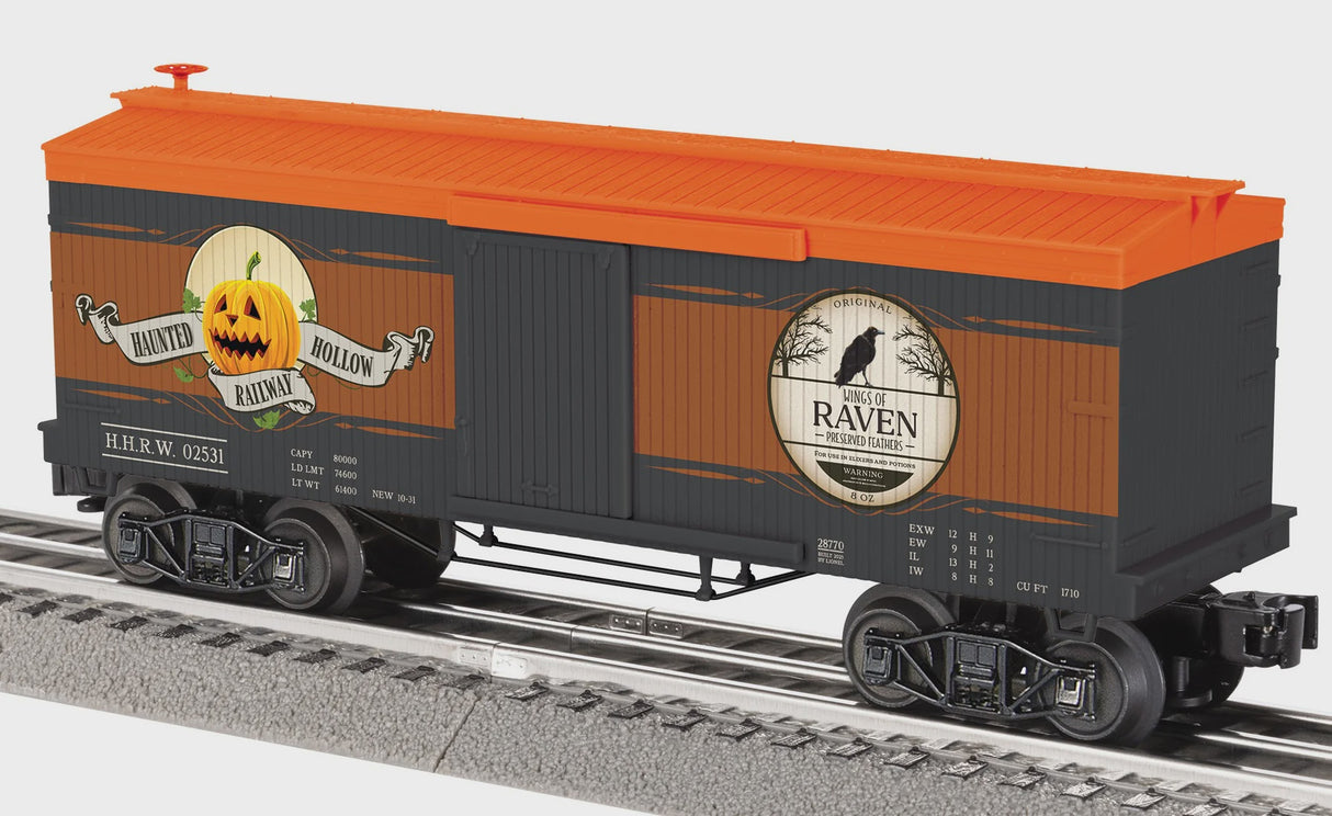 Lionel 2528770 Double-Sheathed Wood Boxcar - 3-Rail - Ready to Run -- Haunted Hollow Wings of Raven #02531 (Hallloween black, orange, brown)