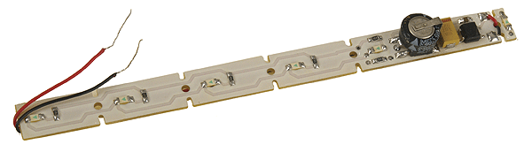 Caboose Interior Car Lighting -- for DC or DCC; 1/2 x 5", 6 LEDs, 36mA Includes Pick-Up Shoes, For N & HO