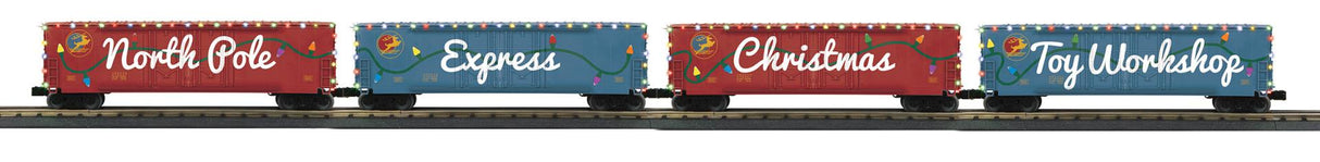 MTH 30-70152 O North Pole 50′ Double Door Boxcar 4-Pack w/LED’s