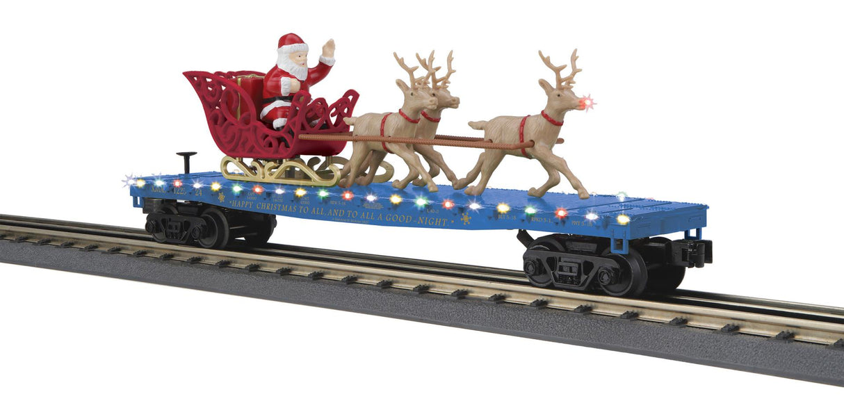 MTH 30-76945 O North Pole Flatcar w/Lights Santa Sleigh & Reindeer/blue