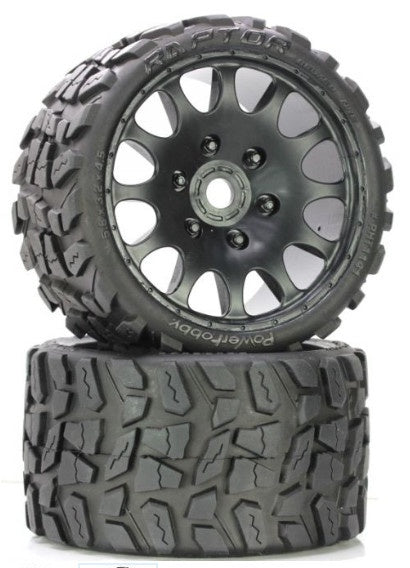 Powerhobby Raptor Belted Monster Truck Wheels/Tires (pr.), Pre-mounted, Sport Medium Compound 17mm Hex - PHBPHT1141S