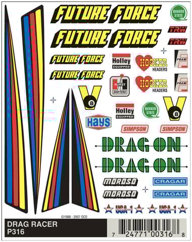 PineCar Dry Transfer Decals, Drag Racer - PIN316
