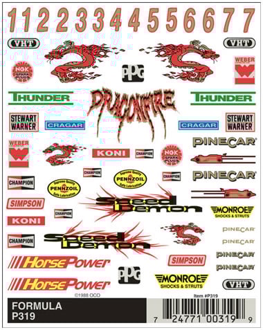 PineCar Dry Transfer Decals, Formula - PIN319