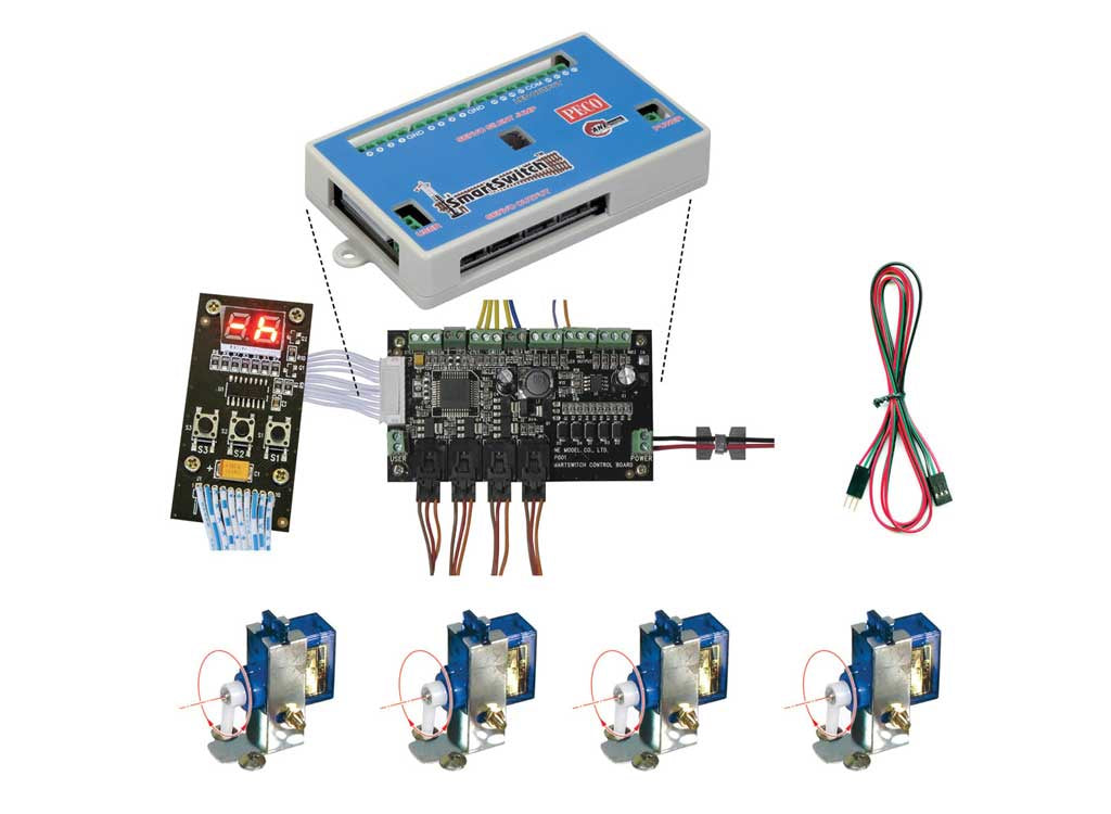 Peco PLS-100 SmartSwitch(TM) Complete Set -- Programming Board and 4 Each: Servos, Toggle Switches, Cables