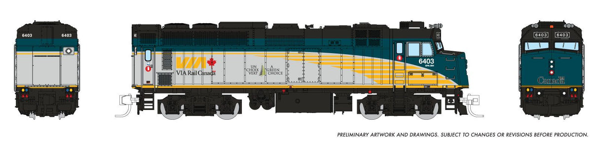 Rapido N Rebuilt GMD F40PH-2D - Sound and DCC -- VIA Rail Canada #6403 ($10 Bill Unit, green, yellow, gray, black)