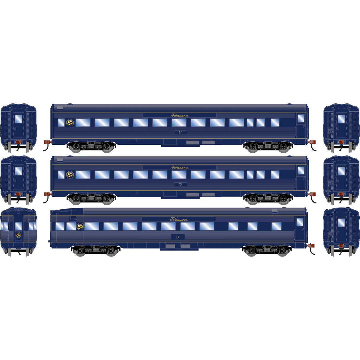 Roundhouse HO  Streamline Cars, Athearn (ATHX) #2 Coach; #5 Coach; #6 Observation 80th Anniversary Limited Edition (3)