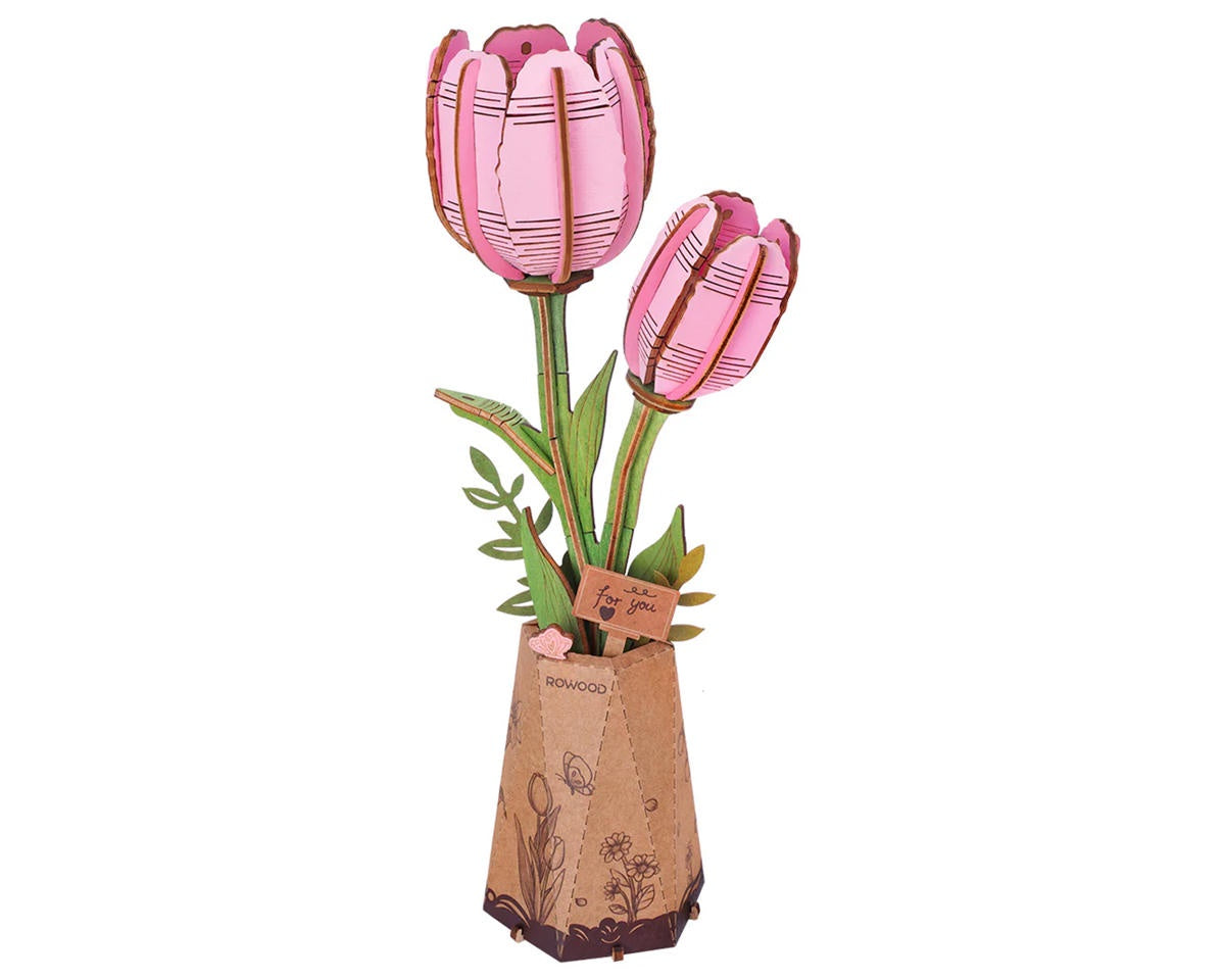 Robotime Rowood Wooden Bloom Craft Pink Tulip DIY Flower 3D Wooden Model Kit