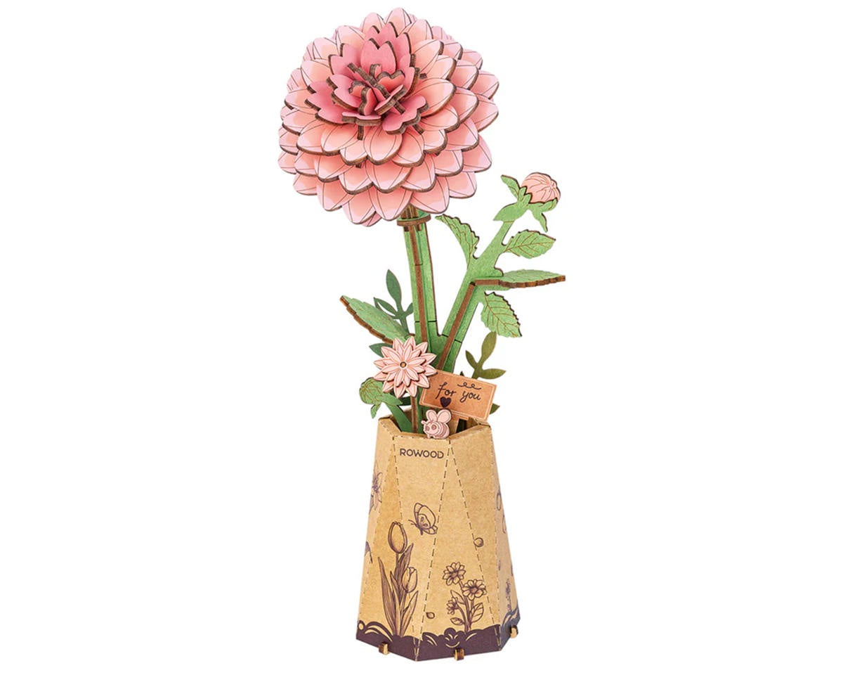 Robotime Rowood Wooden Bloom Craft Pink Dahlia DIY Flower 3D Wooden Model Kit