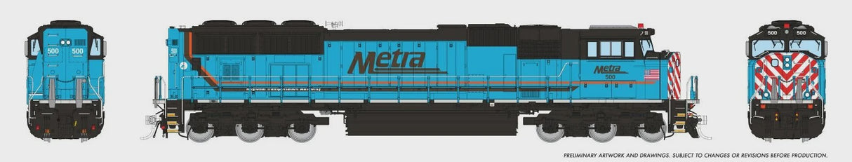 Rapido N EMD SD70MACH - Sound and DCC -- Metra #500 (RTA Tribute, light blue, black, red, white)