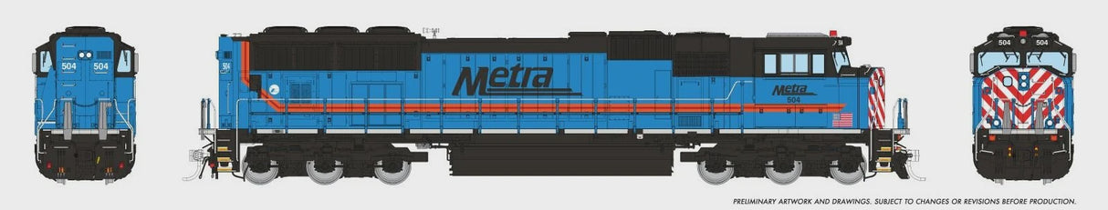 Rapido HO EMD SD70MACH - Sound and DCC -- Metra #504 (light blue, black, orange, red, white)
