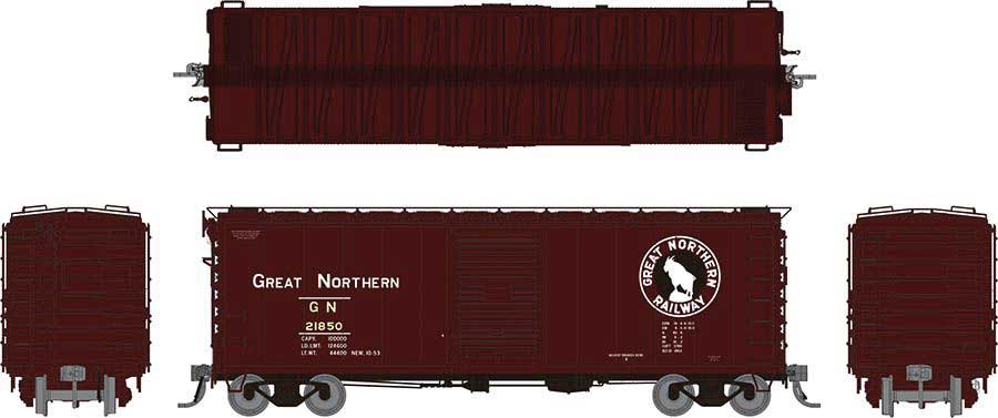 Rapido Trains HO GN 40' 12-Panel Boxcar w/Early Improved Dreadnaught Ends - Ready to Run -- Great Northern (Mineral Red, black, white)