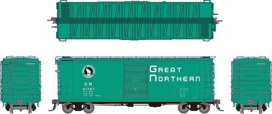 Rapido Trains HO GN 40' 12-Panel Boxcar w/Early Improved Dreadnaught Ends - Ready to Run -- Great Northern (Glacier Green, black, white)