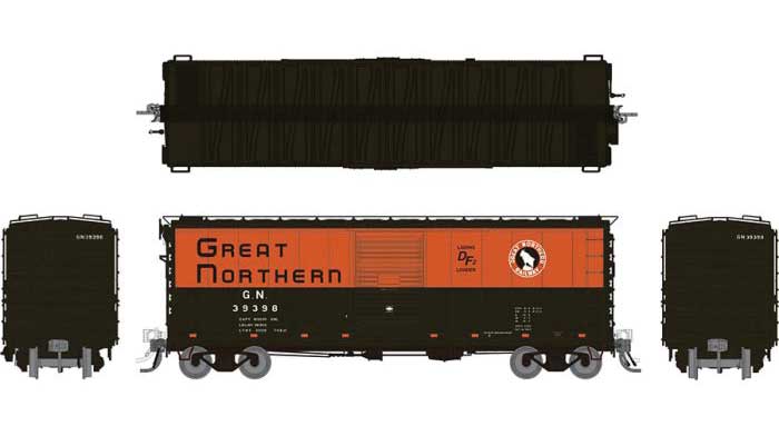 Rapido Trains HO GN 40' 12-Panel Boxcar w/Early Improved Dreadnaught Ends - Ready to Run -- Great Northern (Pullman Green, Omaha Orange, black, white)