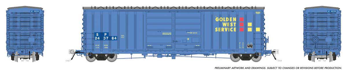 Pacific Car & Foundry B-70-69/71/75 Boxcar - Ready to Run -- Golden West Service SP #1 (SP Patch, Weathered, blue, yellow, red)