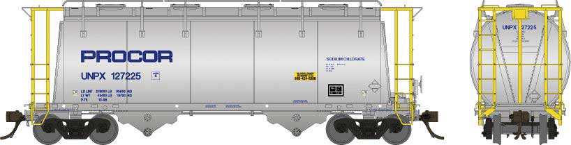 Rapido Trains HO Procor 3,000 Cubic Foot Aluminum Covered Hopper w/Handrail - Ready to Run -- Procor Ltd. UNPX Random from Set #2 (aluminum, yellow, blue Procor Lettering)