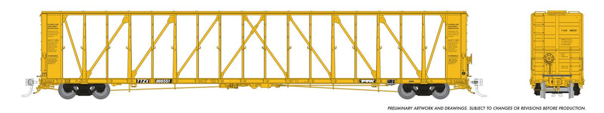 Rapido HO NSC 73' Centerbeam Flatcar - Ready to Run -- Trailer-Train TTZX (2006 Scheme, yellow, black, Flush Deck) (Random Road #)