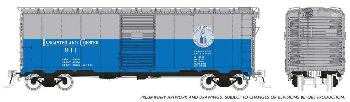 Rapido Trains HO 1937 AAR 40' Boxcar w/Square Corner - Ready to Run -- Lancaster & Chester (blue, gray) (Random Road #)