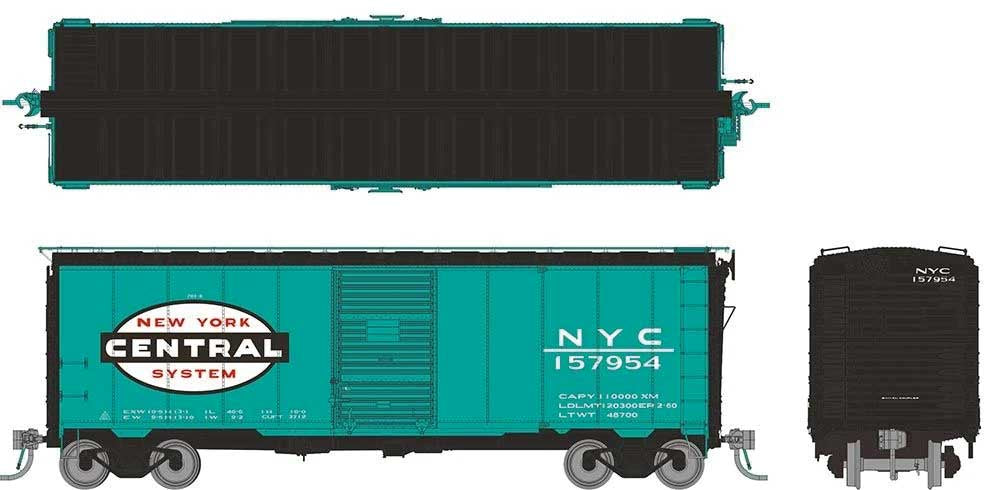 Rapido Trains HO 1937 AAR 40' Boxcar w/Round Corner - Ready to Run -- New York Central (Jade Green, black, white, Large Logo) (Random Road #)