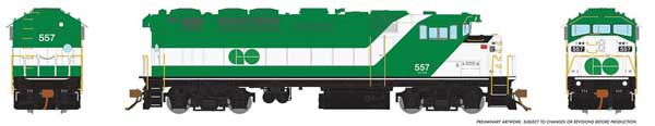 Rapido Trains GMD F59PH - Standard DC -- GO Transit #557 (As-Delivered; green, white) - RPI19005