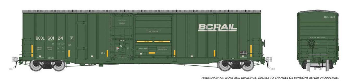 Rapido Trains HO Trenton Works 6637 Cubic Foot Combination-Door Boxcar 6-Pack - Ready to Run -- BC Rail Set #1 (Weathered, green, yellow conspicuity marks)