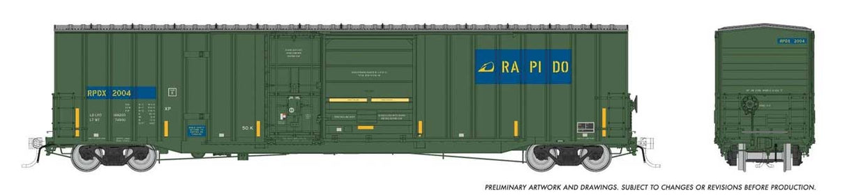 Rapido Trains HO Trenton Works 6637 Cubic Foot Combination-Door Boxcar - Ready to Run -- Rapido Trains #2004 (green, blue)