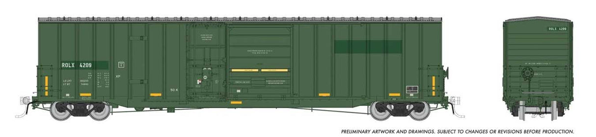 Rapido Trains HO Trenton Works 6637 Cubic Foot Combination-Door Boxcar - Ready to Run -- Railroad Of Lies ROLX #4212 (green, yellow conspicuity marks)