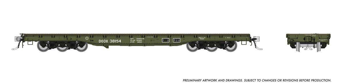 Rapido HO Magor 54' Department of Defense (DODX) Flatcar - Ready to Run -- United States Army DODX (Early Repaint, olive, white) (Random Road #)