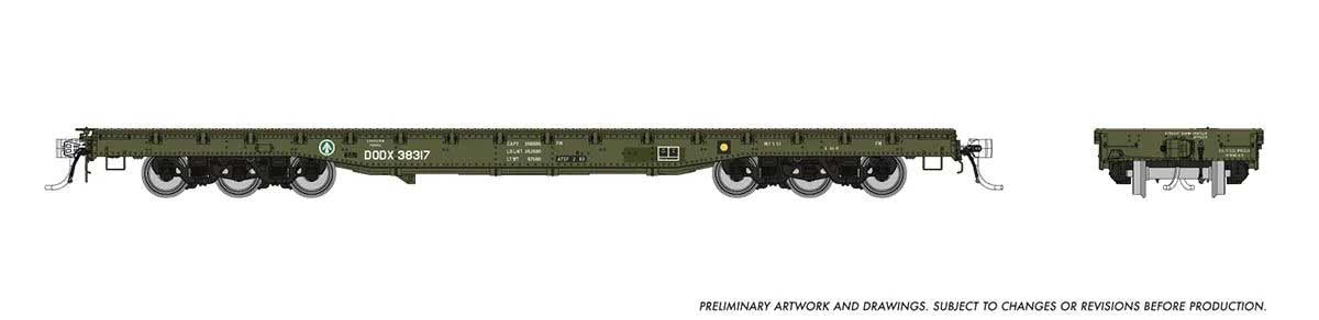 Rapido HO Magor 54' Department of Defense (DODX) Flatcar - Ready to Run -- United States Army DODX (Late Scheme, olive, white) (Random Road #)