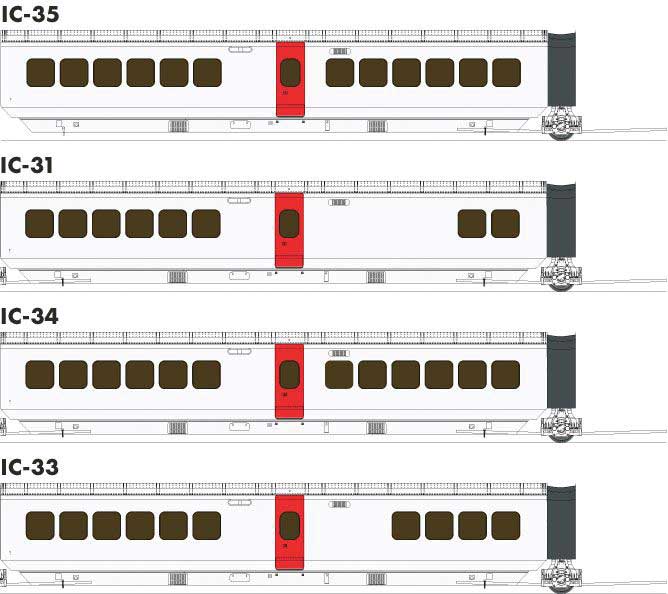 Rapido Trains HO UAC TurboTrain Add-On Coach (2022 Ver.) 4-Car Completion Set - Ready to Run -- Canadian National #203-226-251 & IC-34 #261 (white, red, black)