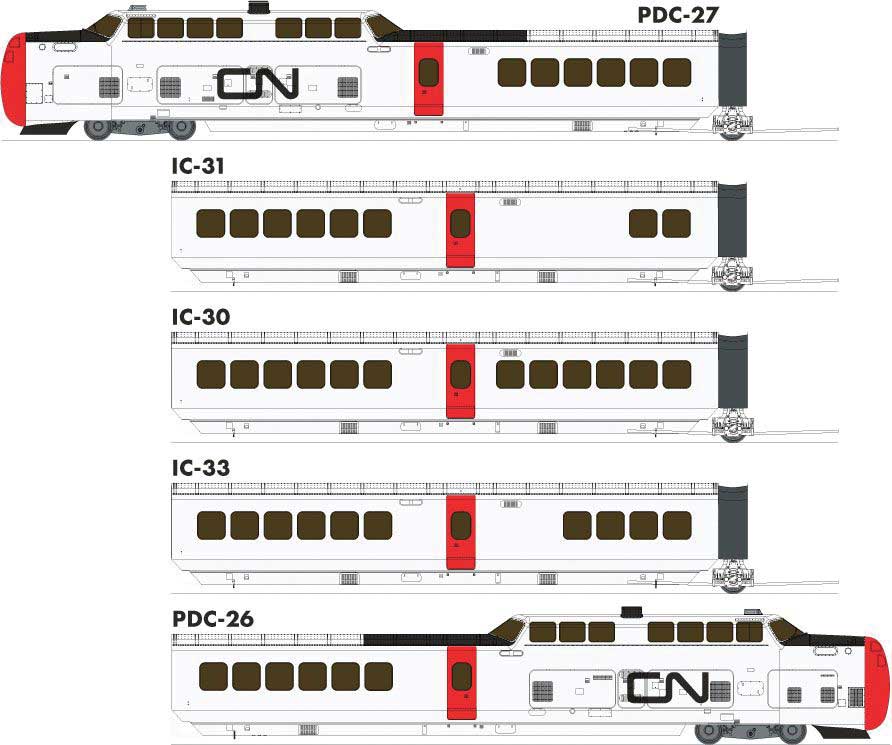 Rapido Trains HO UAC TurboTrain 5-Car Passenger Train-Only Set (2022 Ver.) - Sound & DCC Equipp -- Canadian National #126-201-256-228-151 (white, red, black)