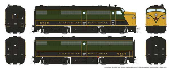 MLW FPA-2u - FPB-2u Set - Sound and DCC -- Canadian National 6758, 6858 (1954, green, black, yellow)