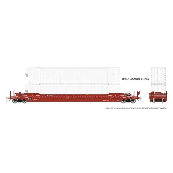 Rapido HO Gunderson 53' Husky Stack Well Car with Containers - Ready to Run -- Canadian Pacific (red, White/Red Stripe)