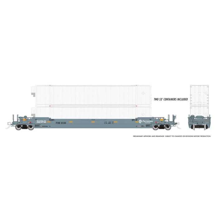 Rapido HO Gunderson 53' Husky Stack Well Car with Containers - Ready to Run -- Ferromex (gray, yellow conspicuity marks)