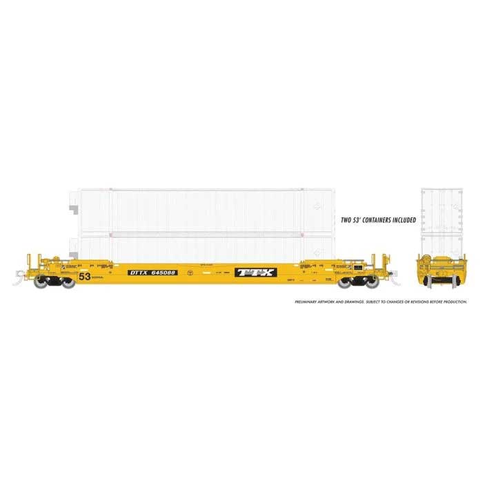 Rapido HO Gunderson 53' Husky Stack Well Car with Containers - Ready to Run -- TTX (As-Delivered, yellow, black)