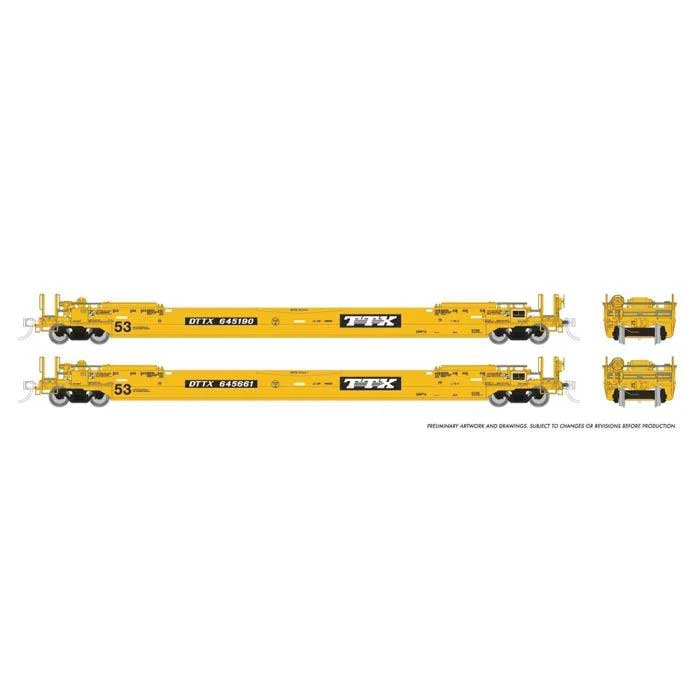 Rapido HO Gunderson 53' Husky Stack Well Car 2-Pack - Ready to Run -- TTX (As-Delivered, yellow, black)