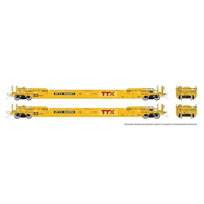 Rapido HO Gunderson 53' Husky Stack Well Car 2-Pack - Ready to Run -- TTX (patched red logo, yellow, black)