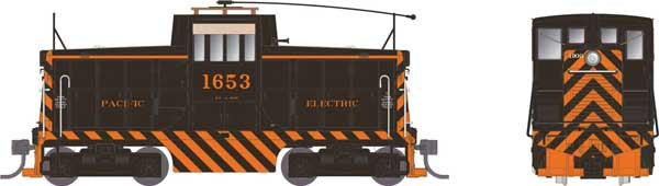 Rapido Trains HO GE 44-Tonner - Sound and DCC -- Pacific Electric Railway #1653 (Tiger Stripe with Trolley Pole, black, orang