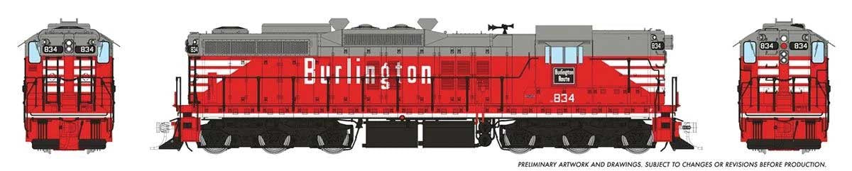 Rapido Trains HO EMD SD9 High Nose - ESU LokSound and DCC -- Chicago, Burlington & Quincy #834 (Chinese Red, gray, white)