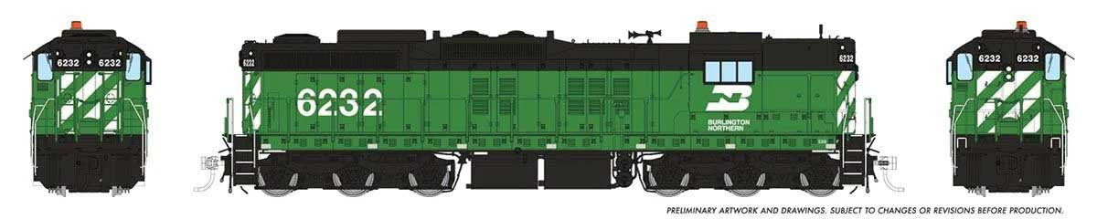 Rapido Trains HO EMD SD9 High Nose - ESU LokSound and DCC -- Burlington Northern #6232 (Cascade Green, black, white)