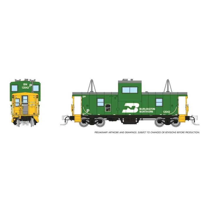 Rapido Trains N-Scale Angus Shops Wide Vision Caboose with Lights - Ready to Run -- Burlington Northern #12042 (Cascade Green, yellow, white)
