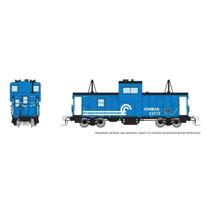 Rapido Trains N-Scale Angus Shops Wide Vision Caboose with Lights - Ready to Run -- Conrail #22133 (blue, white)