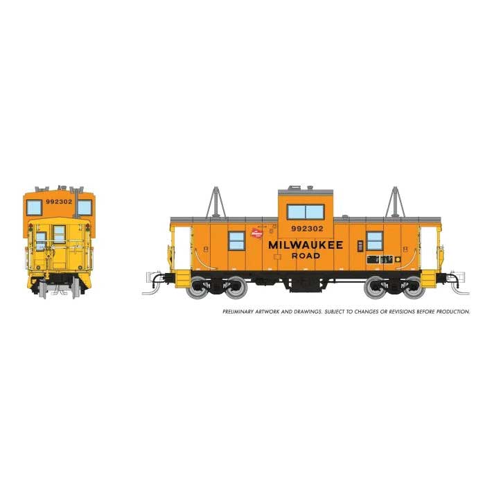 Rapido Trains N-Scale Angus Shops Wide Vision Caboose with Lights - Ready to Run -- Milwaukee Road #992301 (orange, black, yellow)