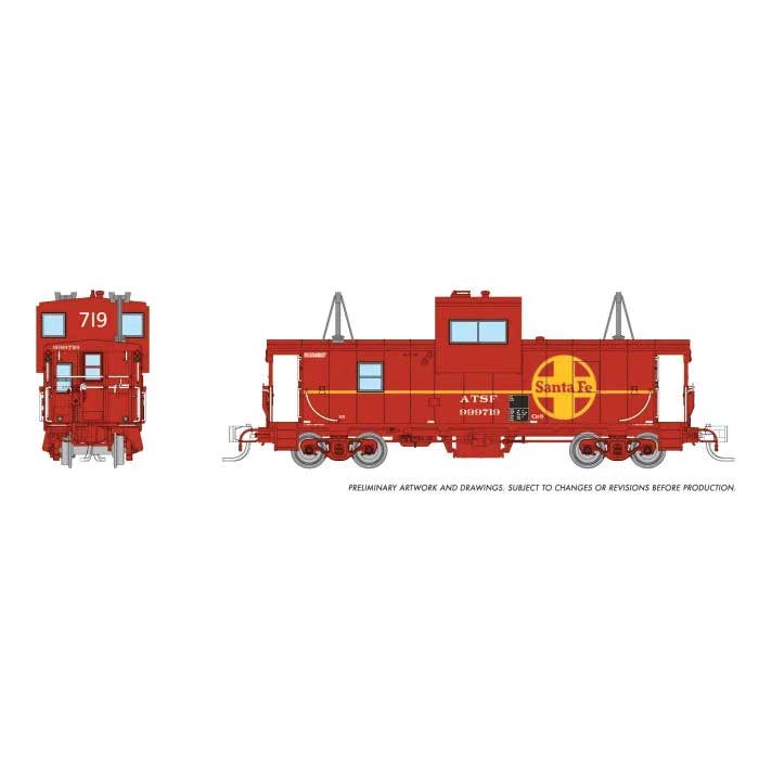 Rapido Trains N-Scale Angus Shops Wide Vision Caboose with Lights - Ready to Run -- Santa Fe #999719 (red, yellow)