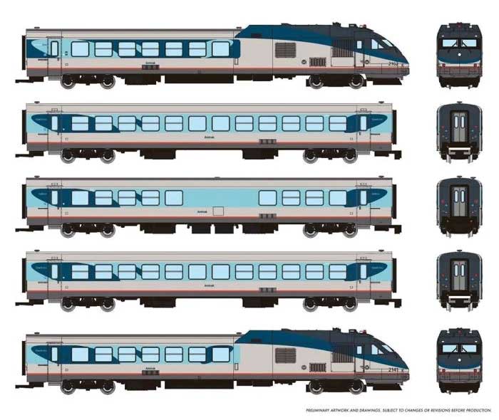 Rapido Trains N Rohr RTL Turboliner 5-Unit Set - ESU LokSound and DCC -- Amtrak (Phase V, silver, blue, gray, red)